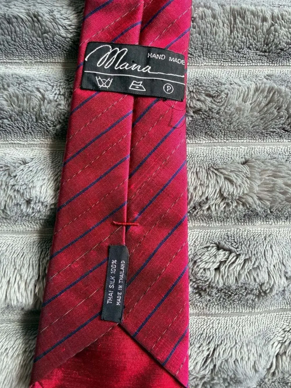 Mana Hand Made Red With Blue Stripes Thai Silk Necktie